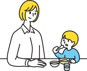 子育てで男の子に食育する母親