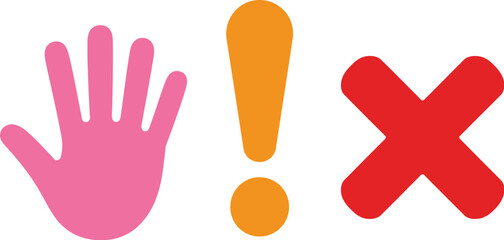 Obraz premium Warning symbols set, colorful hand exclamation mark and red cross icons in bold graphic style