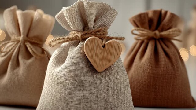Valentine's day in eco friendly concept.Eco gift bag rustic fabric pouch valentine romance wooden heart decor cozy natural linen texture soft light background for warm celebration mood