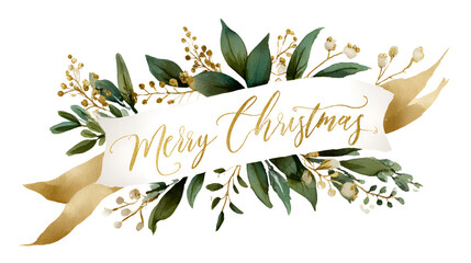 Merry Christmas Banner with Floral Arrangement and Gold Lettering