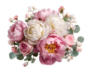 Floral Bouquet with Pink Peonies and White Roses Isolated on White Background