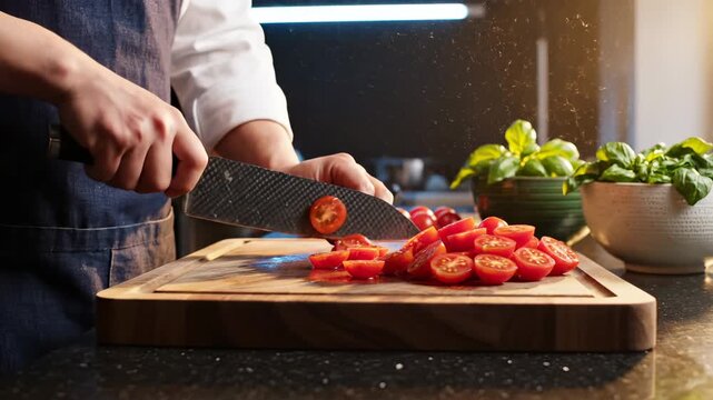 Chef hands cutting fresh red tomato on wooden board. Cook uses sharp knife for slicing tomato. Kitchen preparation of healthy vegetable. Chef cutting tomato slices. Cooking fresh food with sharp knife