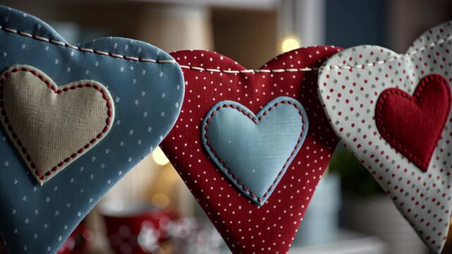 Valentine's day in eco friendly concept.Valentine heart garland bunting fabric red blue eco decor for cozy home interior romantic handmade craft soft light warm festive mood stitched pattern