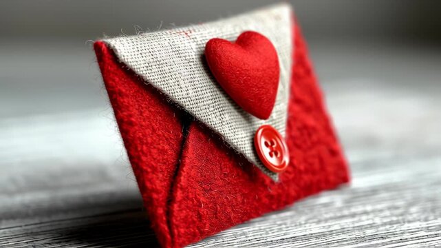 Valentine's day in eco friendly concept.valentine love envelope heart eco fabric red button handmade romantic gift and letter cozy craft style mail symbol on rustic wooden table for tender celebration
