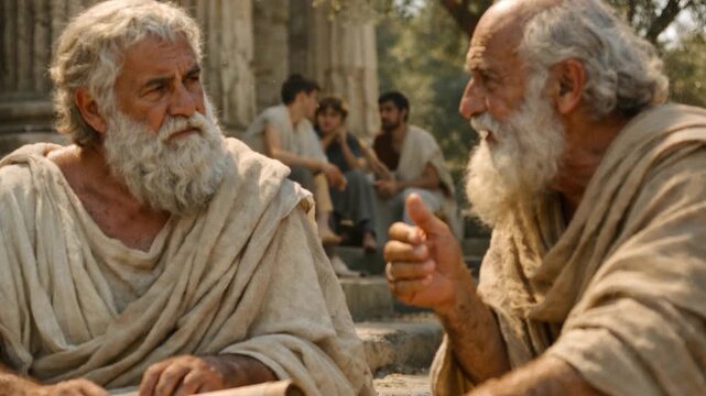 Two ancient philosophers engaged in deep discussion, sharing wisdom and knowledge in a classical setting, symbolizing philosophy, teaching, and timeless intellectual dialogue.	