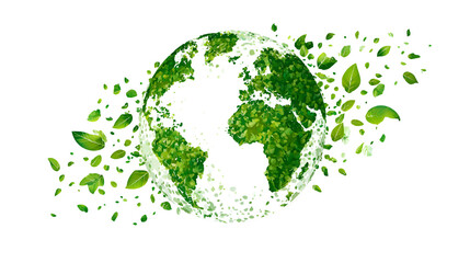 Green earth globe with leaves and water droplets eco sustainability vector illustration
