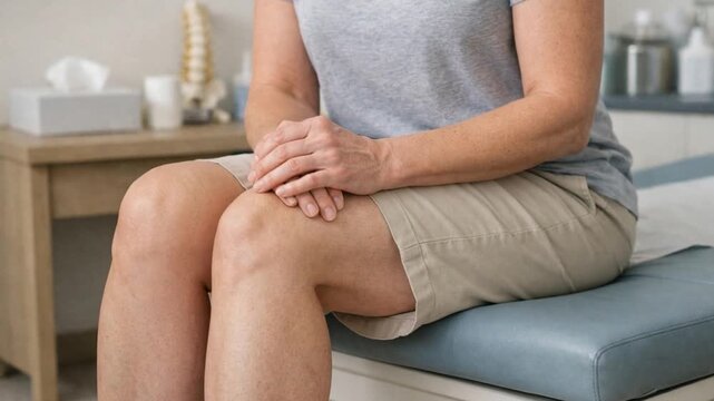 Man sitting on a couch holding his knee, illustrating restless legs syndrome, leg discomfort, and neurological nervous system disorder symptoms in a home healthcare concept.	