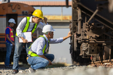 Railway engineers inspecting train undercarriage during maintenance check, Industrial workers examining locomotive components at rail yard, Transportation safety inspection by engineers at site