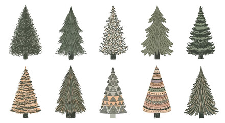 Obraz premium A collection of ten diverse illustrations of Christmas trees, each with a unique texture and design, presented on a white background.