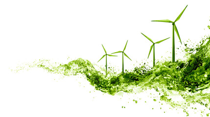 Green Energy Wind Turbines on White Background with Splash