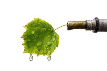 Green leaf dripping water from fuel pump nozzle isolated on white background