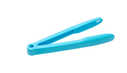Obraz premium An open, light blue plastic kitchen utensil with a scissor-like handle and grooved tips, designed for grasping