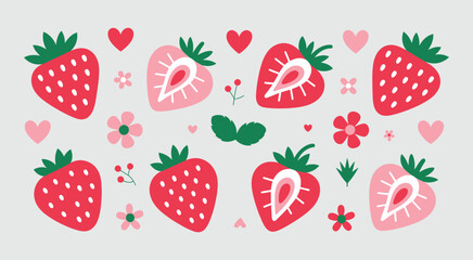 Red strawberry illustration with floral accents and hearts, sweet whimsical design, decorative vector elements. © ayat 02