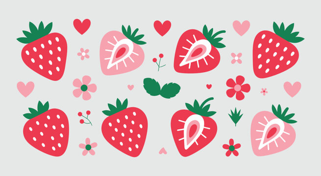 Red strawberry illustration with floral accents and hearts, sweet whimsical design, decorative vector elements.