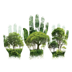 Hand shaped trees with green foliage isolated on white background minimalist concept design