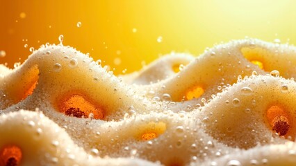 Close up of beer foam accumulation and golden yellow liquor