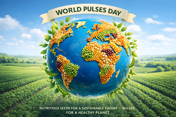 celebrating World Pulses Day on February 10, featuring a circular frame of mixed pulses and legumes including lentils, chickpeas, beans, and peas scattered on a soft pastel background. Natural texture