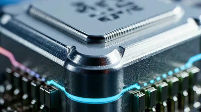 Extreme close up macro shot of central processing unit mounted securely on a motherboard socket