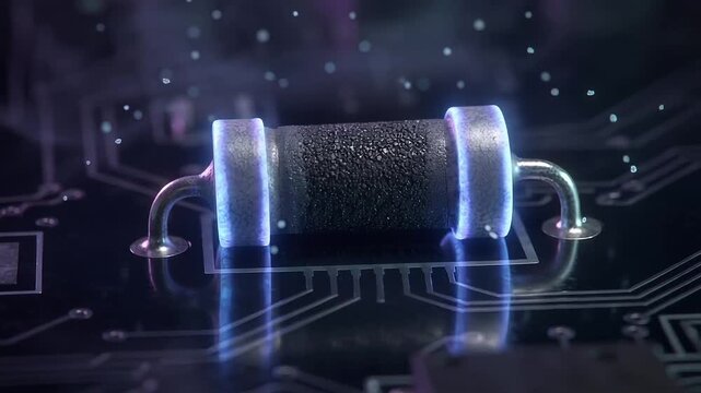 Glowing electronic resistor component sits on a dark futuristic circuit board illustration