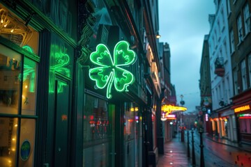 Obraz premium Shamrock neon light on the street in dublin Ireland neighborhood alleyway downtown.