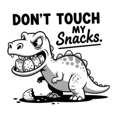 Cute cartoon dinosaur guarding snacks with funny expression in flat vector black and white style