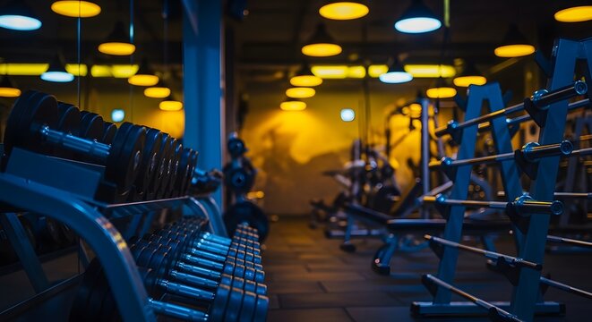 Abandoned industrial gym interior with faded equipment and dim lighting