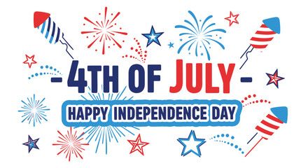 Obraz premium 4th of July celebration text with fireworks and stars, Independence Day banner or poster element, vector illustration for website or social media