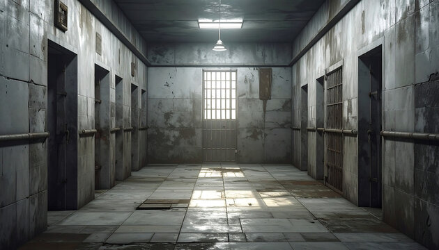 A dimly lit, abandoned prison cell corridor with grunge concrete walls and a barred window.