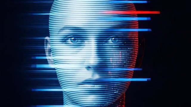 Futuristic face with glowing lines and digital effects