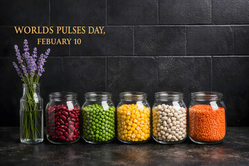 celebrating World Pulses Day on February 10, featuring a circular frame of mixed pulses and legumes including lentils, chickpeas, beans, and peas scattered on a soft pastel background. Natural texture