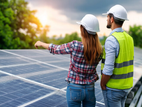 Engineers inspecting solar panels at sunset, discussing renewable energy project implementation and sustainable technology power