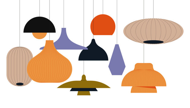 Ceiling lamps set. Home chandeliers designs. Electric light decorations. Lightbulbs in modern lampshades of trendy shapes, hanging on wire, cord. Flat vector illustrations isolated on white background