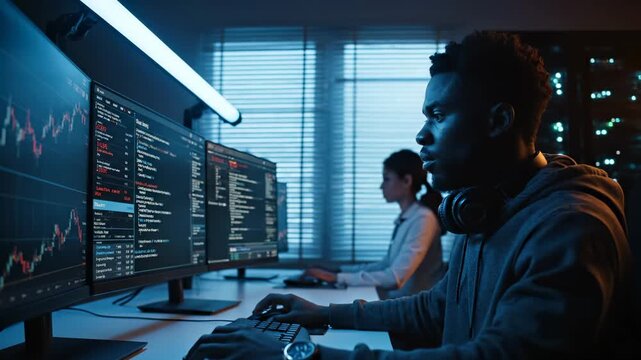Programmer coding at dual monitor workstation. Developer and coder review software and data chart. Team member works near server rack and screen. Office scene shows focused technology collaboration.