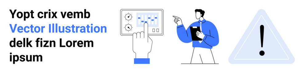 Fototapeta premium Digital tools, risk management, data analysis, business strategy, technology interface, safety alert. Person pointing at data chart and warning triangle icon. Data analysis and risk management