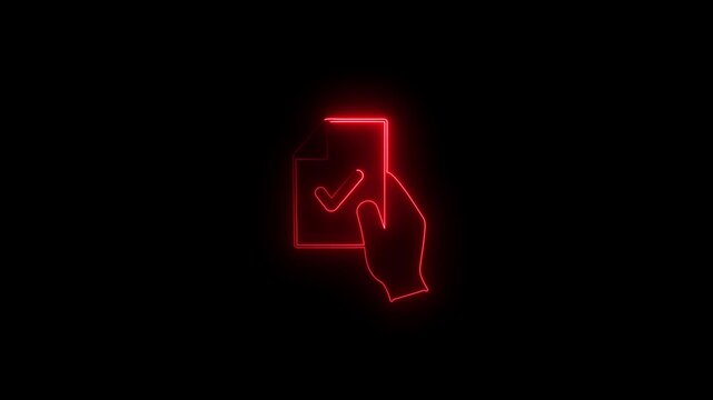 Neon red checkmark on digital document with hand holding red paper approval sign neon light concept for verification task completion success checklist digital approval sign off