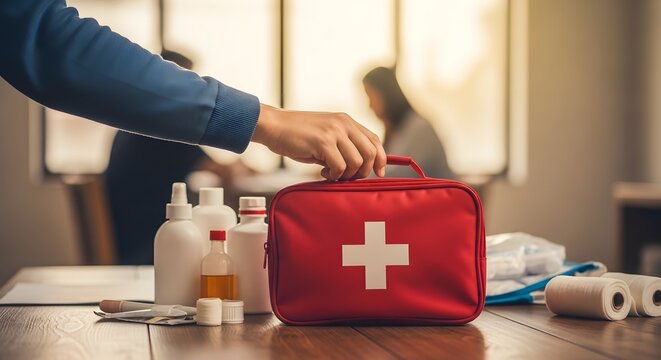 First aid kit and medical supplies on a table with a person reaching for it