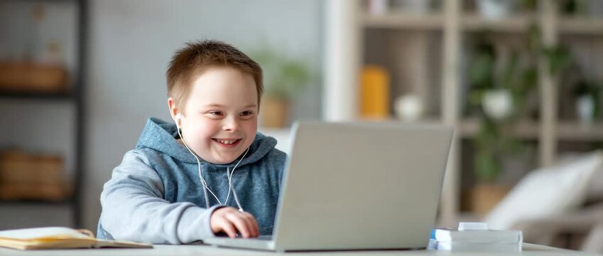 Child with Down syndrome using a laptop at home, education