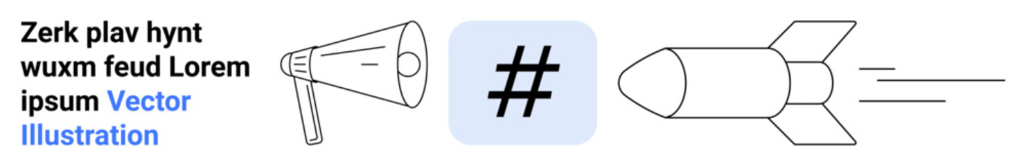 Obraz premium Megaphone for marketing, metadata tag for digital trends, and rocket symbolizing speed. Ideal for branding, startups, innovation, communication, advertising, social media campaigns simple landing