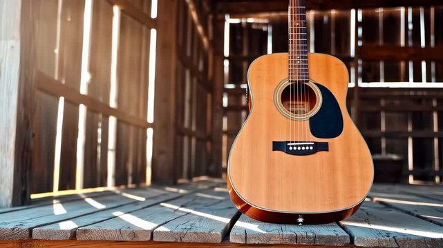 Acoustic guitar inside a weathered barn with natural light streaming through gaps