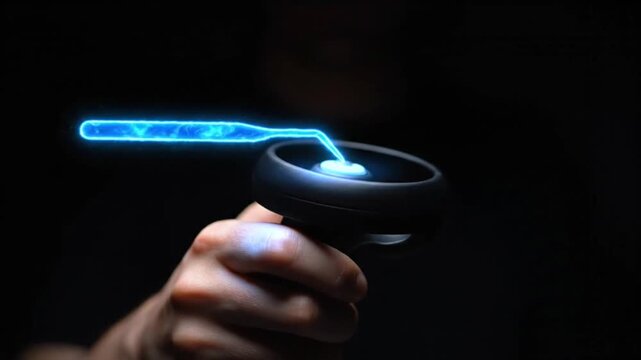 Virtual Holographic Blue Scalpel Extending from VR Controller in Dark Room