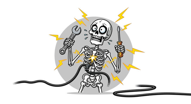 A cartoon skeleton is electrocuted while holding a wrench and a screwdriver, with sparks flying around its head and chest.
