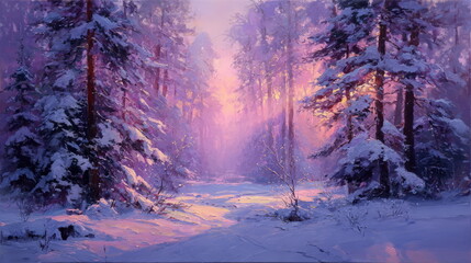 Winter forest on a sunny day. Landscape in the forest on a snowy morning. New Year winter forest.