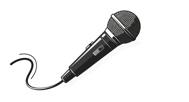 A black microphone with a coiled cord, presented in a clean, minimalist illustration style against a white background.