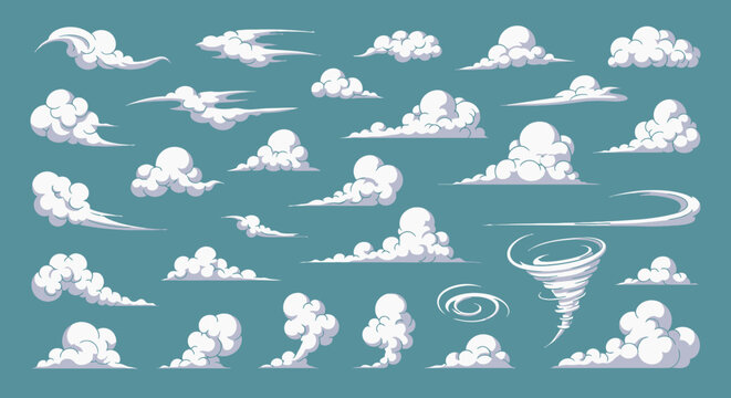 Collection of stylized cartoon clouds and weather phenomena including a tornado and wind swirls against a teal background.