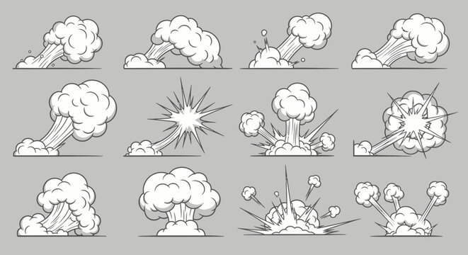 Collection of stylized comic book explosion effects, showing various stages and types of blasts with smoke and debris.