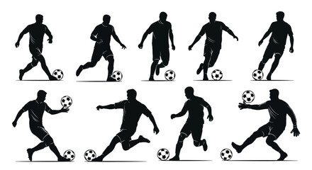 Collection of Silhouettes of Soccer Players in Various Poses and Actions on a White Background. © Maziaa