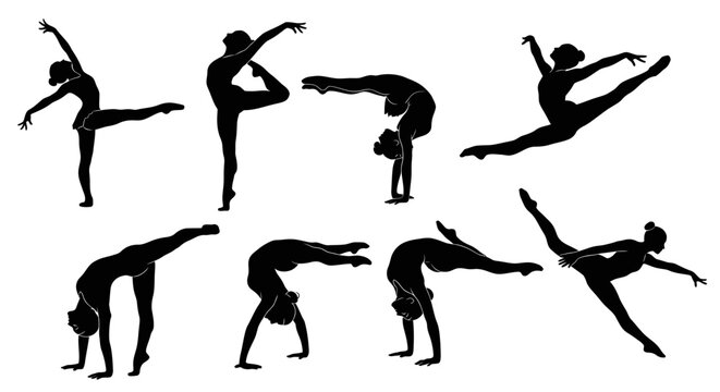 Silhouettes of gymnasts performing various dynamic poses and acrobatic movements, showcasing flexibility and strength.
