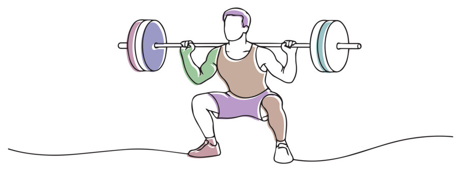 Line art drawing of a man lifting a barbell in squat position. One line drawing for fitness training, strength workout, and healthy lifestyle.