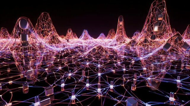 Abstract visualization of glowing digital data network topology with interconnected luminous nodes and peaks