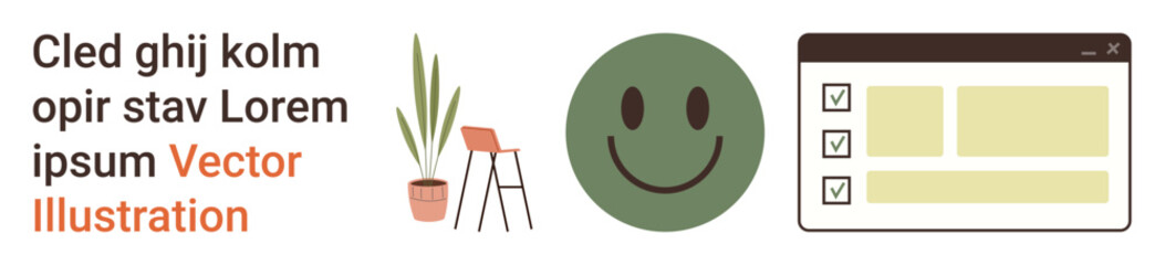 Obraz premium Productivity, work, organization, positivity, task management, interior design. Plant, chair smile face and checklist window. Productivity and work concept with happy face and checklist